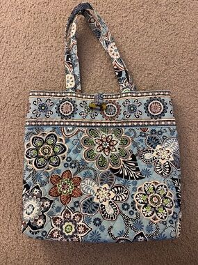 Vintage Vera Bradley Quilted Cotton Tote Bag In Retired Bali Blue With Clasp